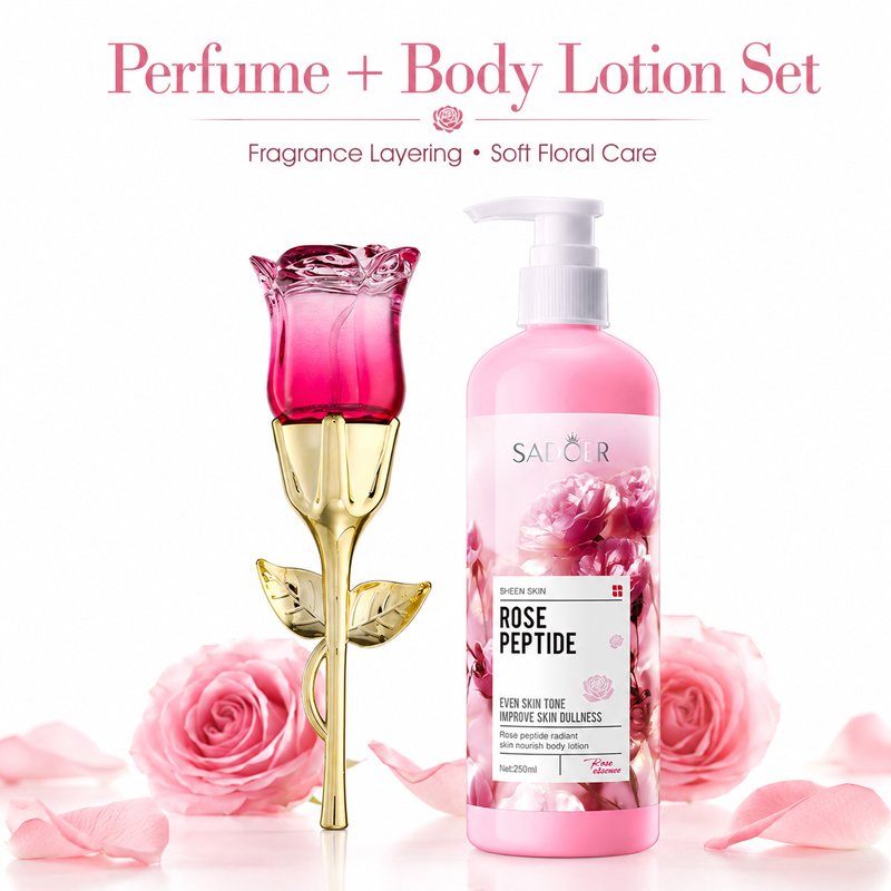 Perfume Fragrance Moisturizer - مجموعة عطر الورد ولوشن الجسم للنساء،